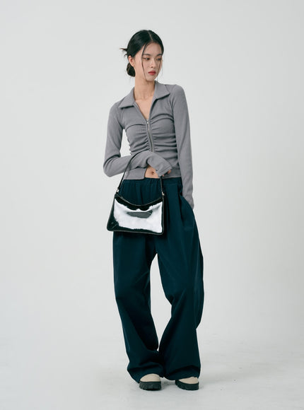 Ruffle Zipper Long Sleeve Top ID08