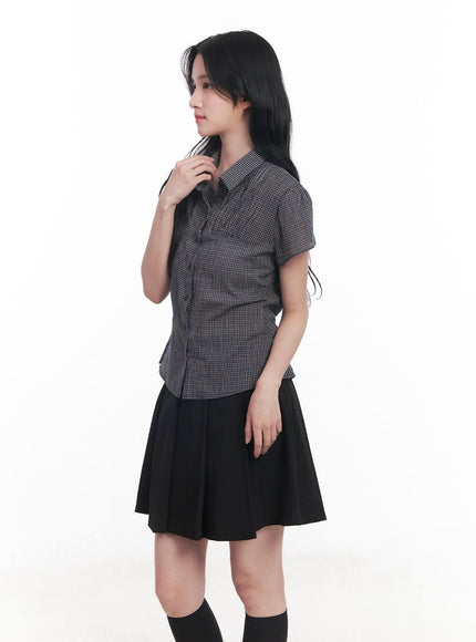 checkered-puff-button-blouse-top-cy526