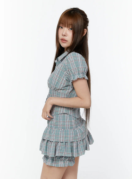 check-puff-sleeve-crop-blouse-cy518
