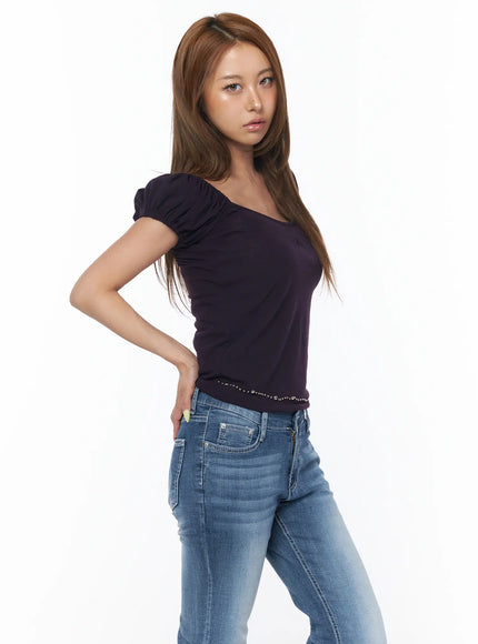 two-way-puff-sleeve-studded-top-cu501 / Dark purple