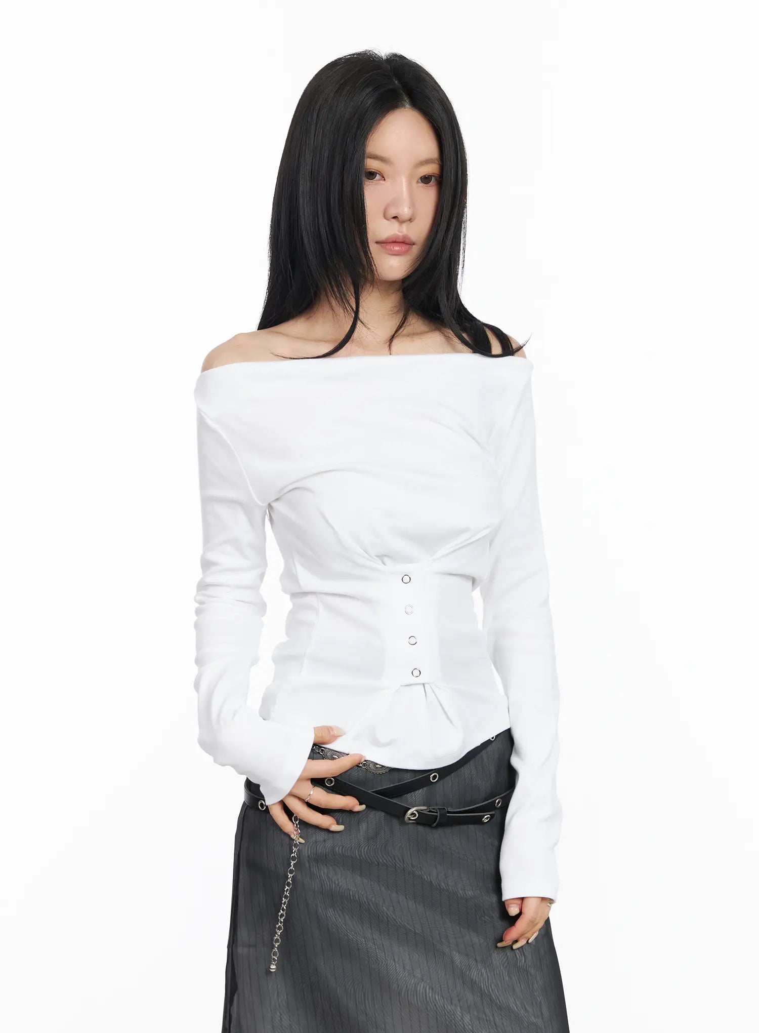 off-shoulder-corset-long-sleeve-top-cm516 / White