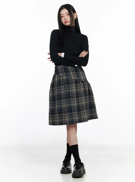 Plaid Button Detail Flare Midi Skirt CJ520