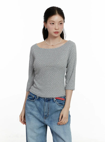 polka-dot-boat-neck-top-f502 / Gray