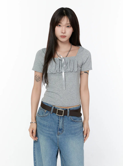 ruffled-ribbon-short-sleeve-top-cy514 / Gray