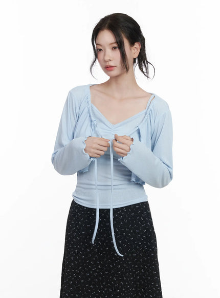 chic-tie-front-cardigan-set-ca510 / Light blue