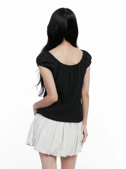 polka-dot-puff-sleeve-ribbon-top-cl516