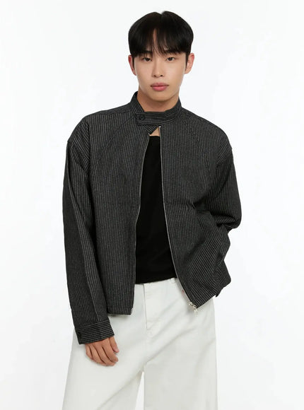 Men's Striped Denim Band-Collar Jacket IN525