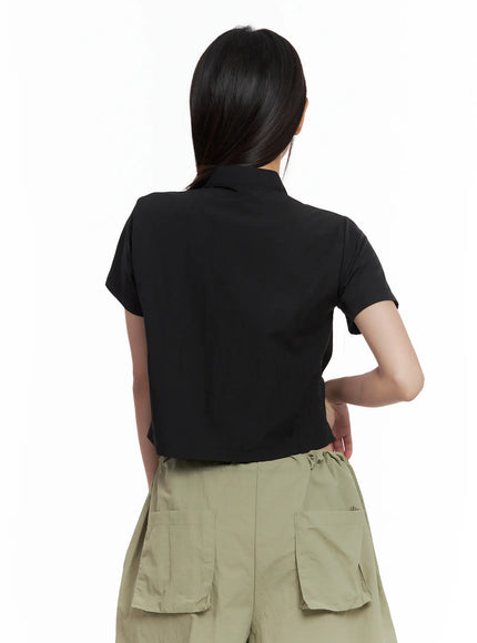 shirred-zip-nylon-short-sleeve-jacket-cl509