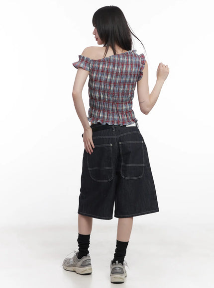 plaid-frill-one-shoulder-crop-top-cu519