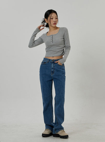 Button Neck Long Sleeve Cropped Top CD21