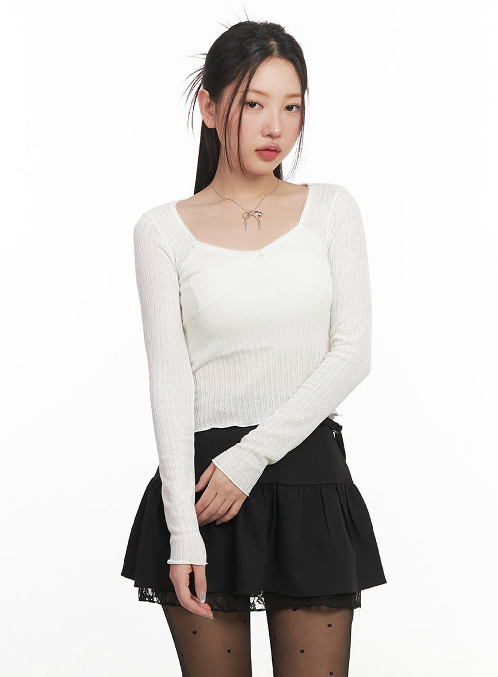 Ribbon Lace-Trim Long-Sleeve Top IM524