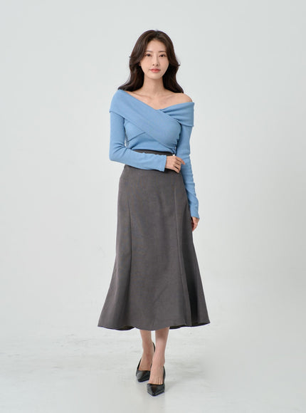 Off-Shoulder Cross Knit Long Sleeve T-Shirt IN07