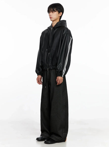 Men's Faux Leather Track Hooded Jacket IO517