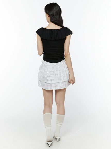 Frill Ribbon V-Neck Off-Shoulder Top IY507