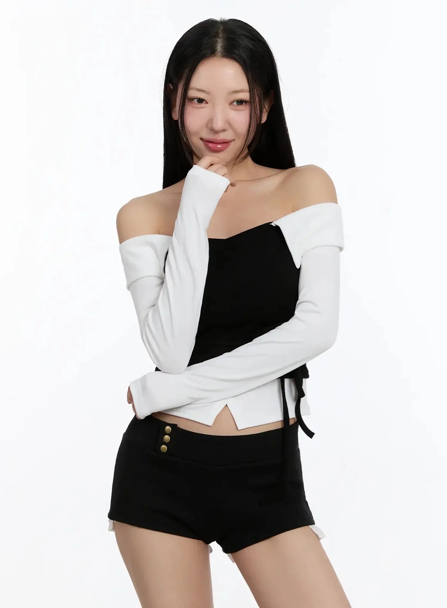 Ribbon-Tie Collared Off-Shoulder Top IM509