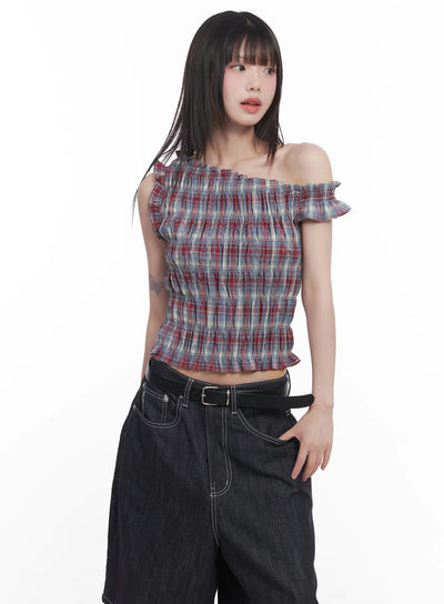 Plaid Off-Shoulder Blouse IN503