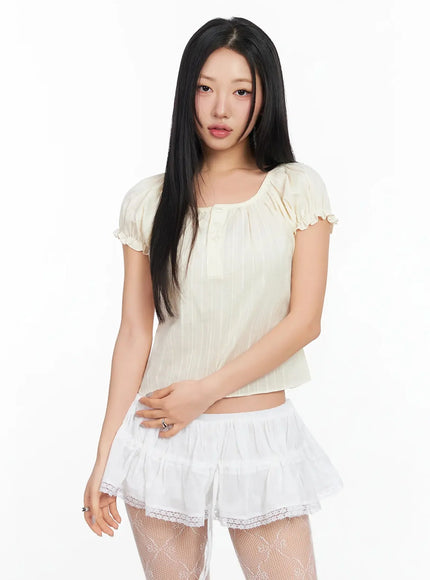 Vintage Puff Sleeve Lace Trim Blouse IA507