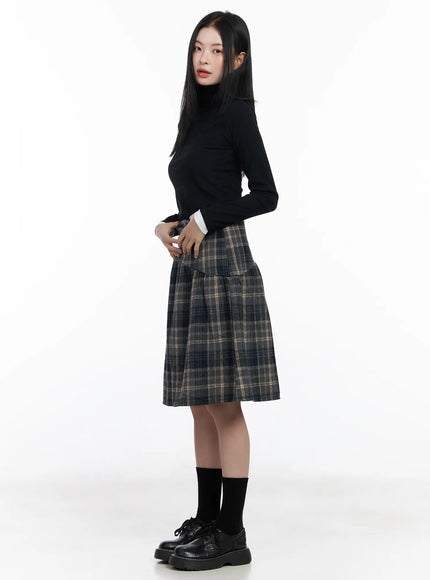 Plaid Button Detail Flare Midi Skirt CJ520