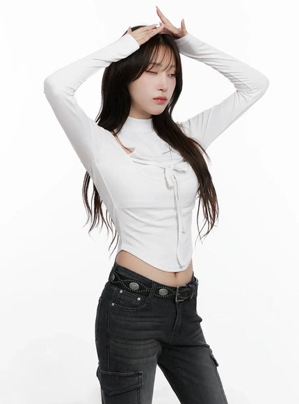 Ribbon Turtleneck Cutout Top IN514