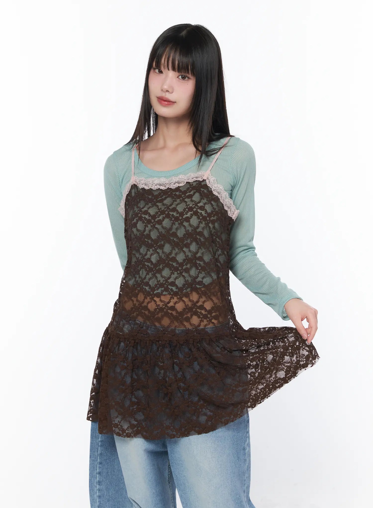 sheer-lace-layered-mini-dress-ca528 / Brown