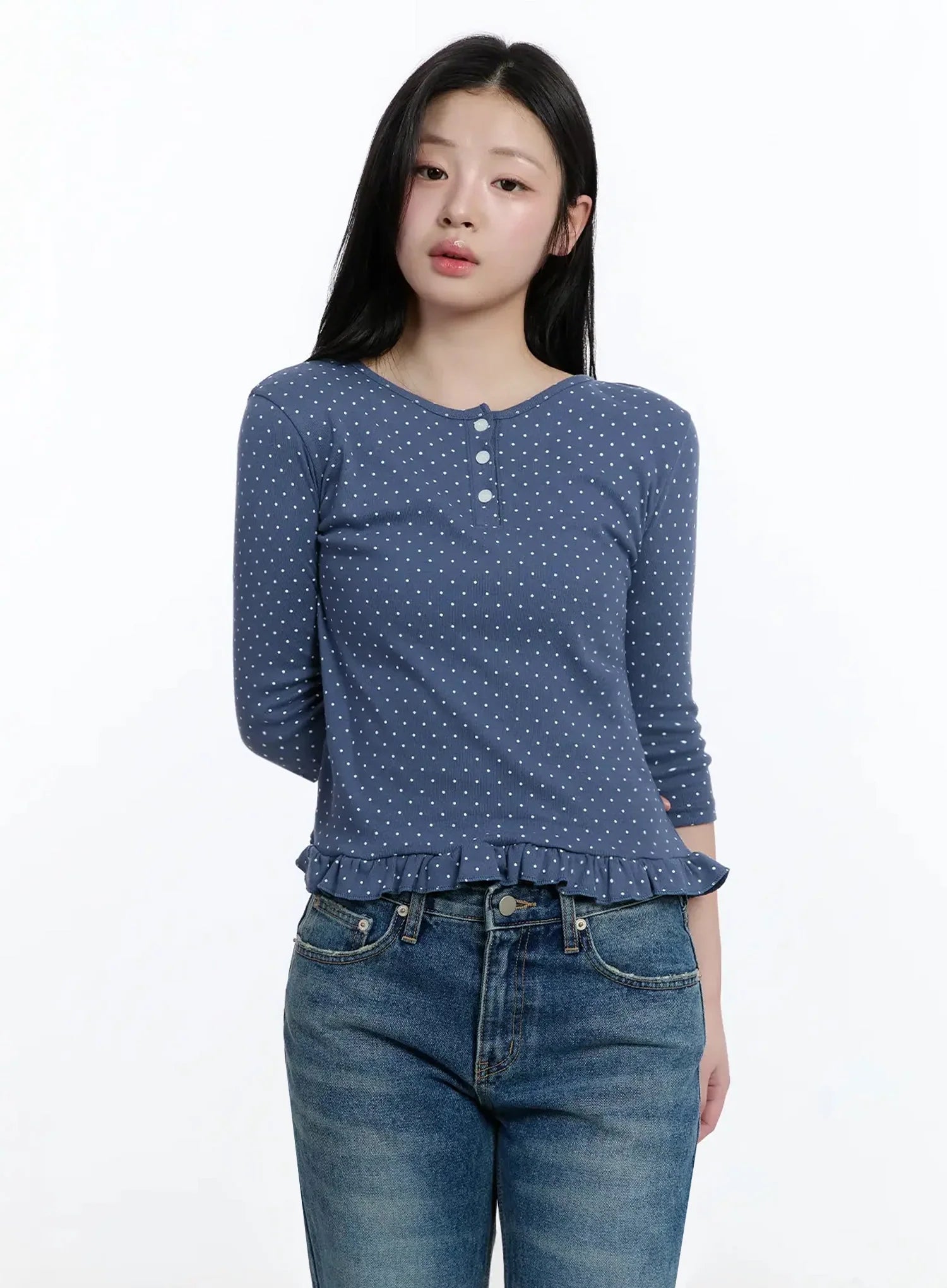 polka-dot-frill-hem-3-4-sleeve-top-im513