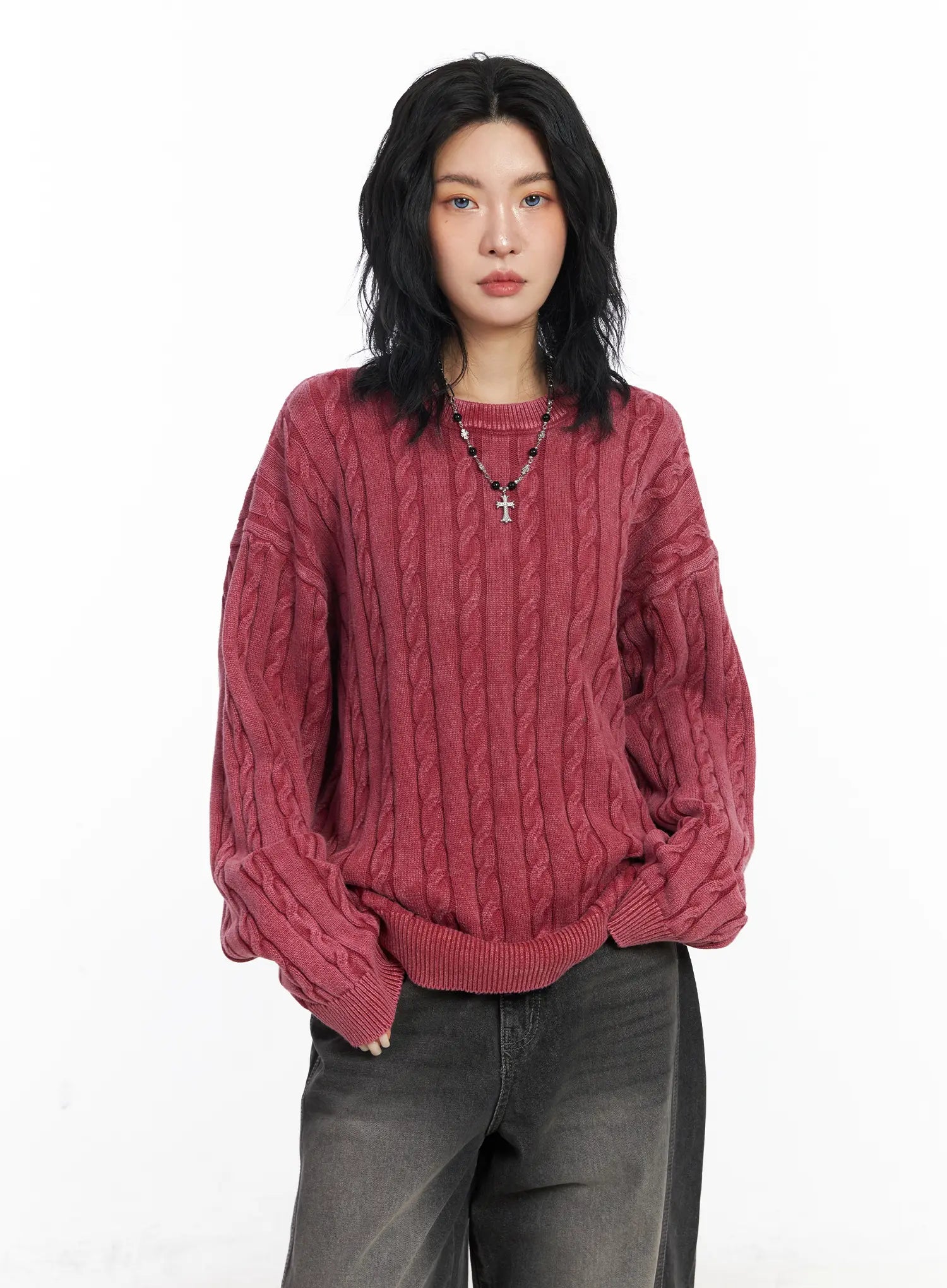 oversized-cable-knit-sweater-cj522 / Dark red