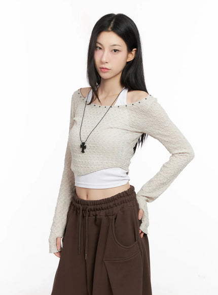 Cropped Eyelet Long Sleeve Top CG525