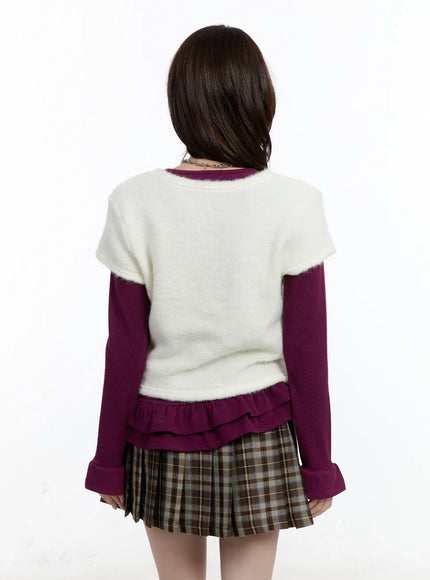 layered-fur-trim-short-sleeve-top-cn525