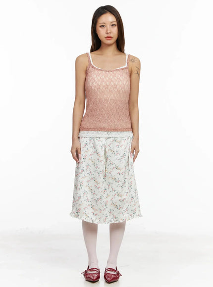 Floral Satin Ruffle Hem Midi Skirt IA527