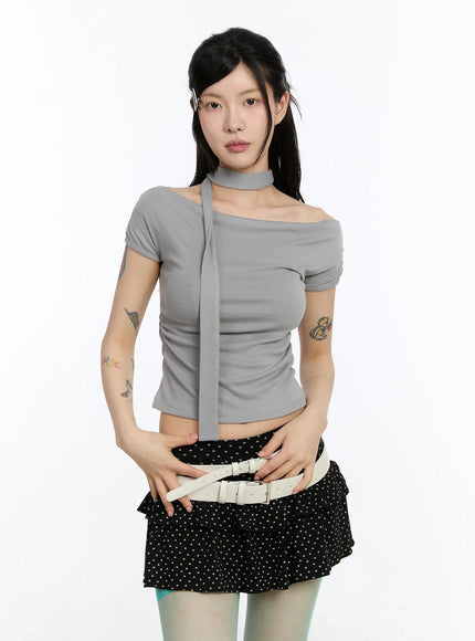 two-way-tie-shirring-top-ca508 / Gray
