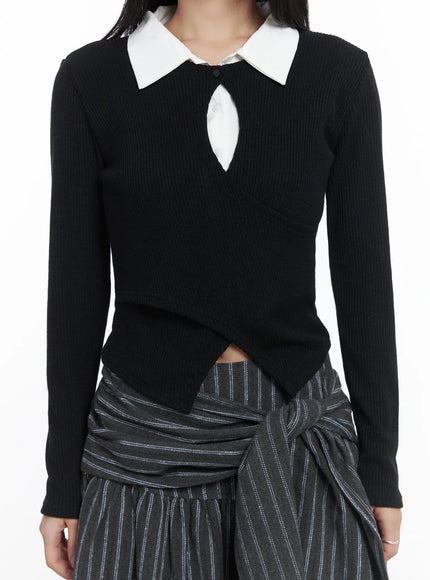 Button Wrap Collar Ribbed Long Sleeve Top CD529