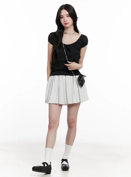 polka-dot-puff-sleeve-ribbon-top-cl516