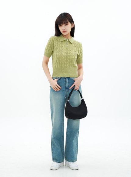 Cable Knit Collared Short-sleeve Sweater CA01