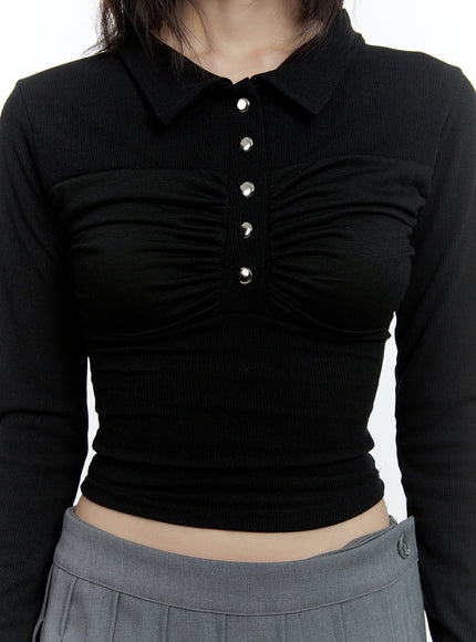 shirring-long-sleeve-collared-crop-top-cf507