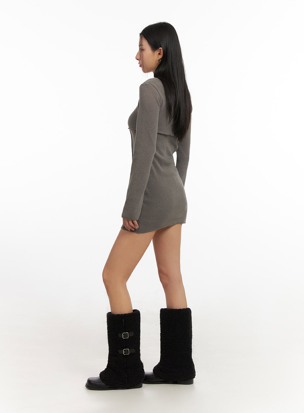 Cozy Long-Sleeve U-Neck Mini Dress ID431