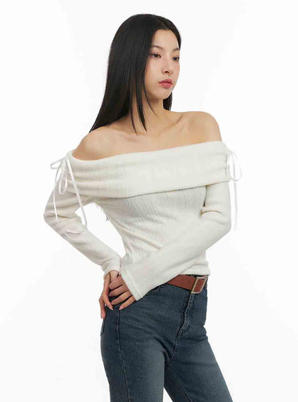 Off-Shoulder Slim-Fit Ribbon Sweater IJ503