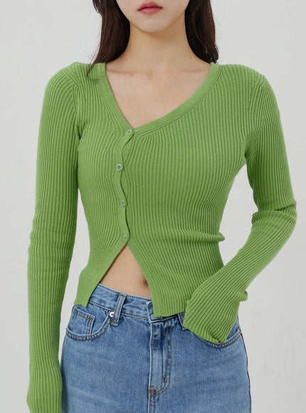Unbalanced Ribbed Knit Button Cropped Top OJ319
