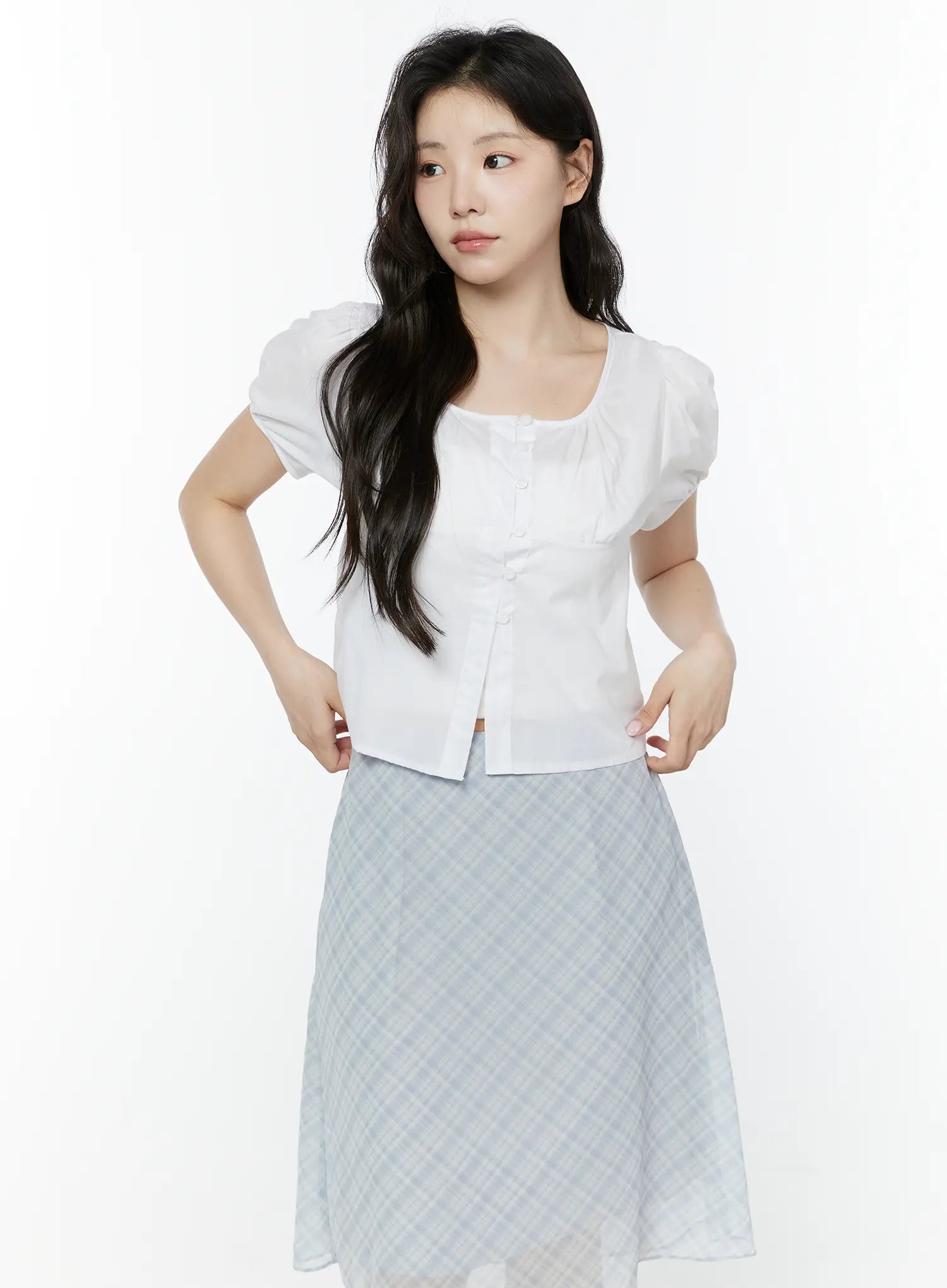 puff-sleeve-shirred-button-blouse-iy507