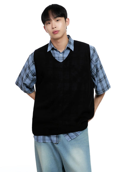 Men's Linen V-Neck Knit Vest IG520
