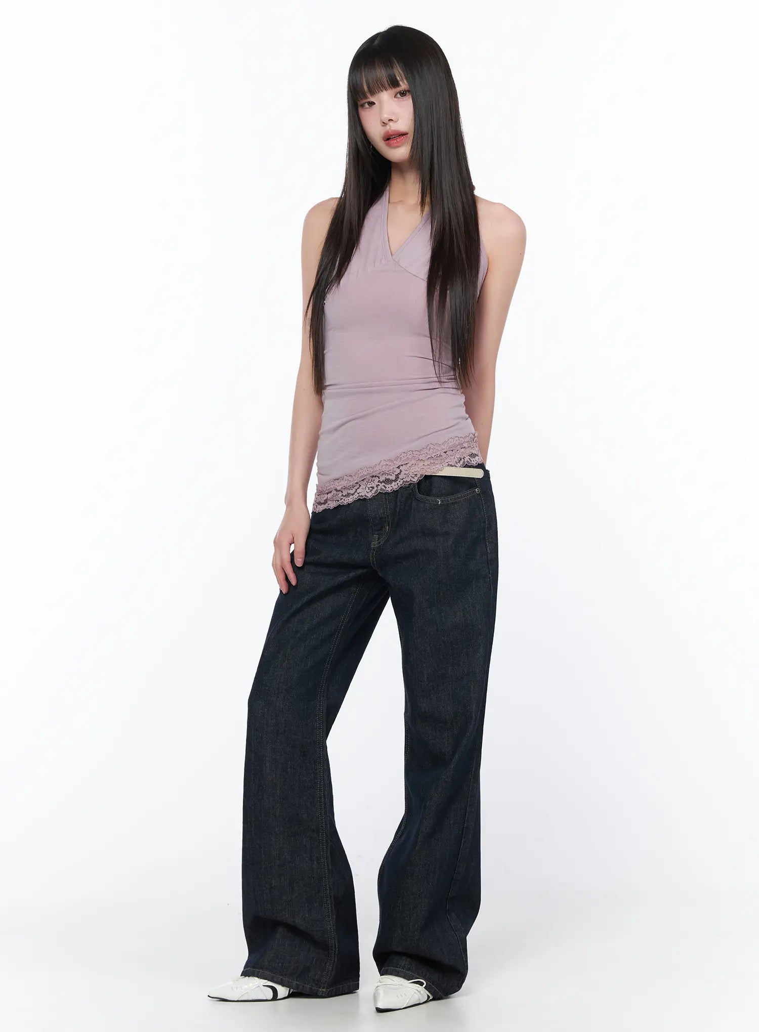 V-Neck Halter Lace Trim Top CA529