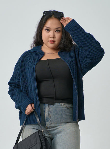 Plus Waffle Pattern Collared Two Way Zip-Up Knit