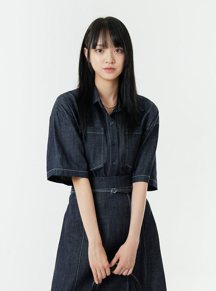 Stitch Denim Set-Up Blouse with Pocket OG23