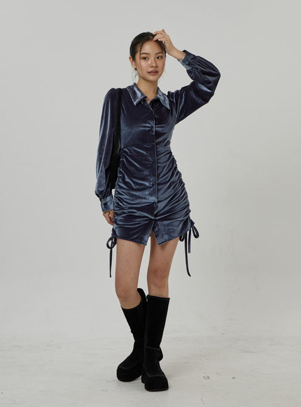 Side Tie Ruching Velvet Long Sleeve Mini Dress CD23