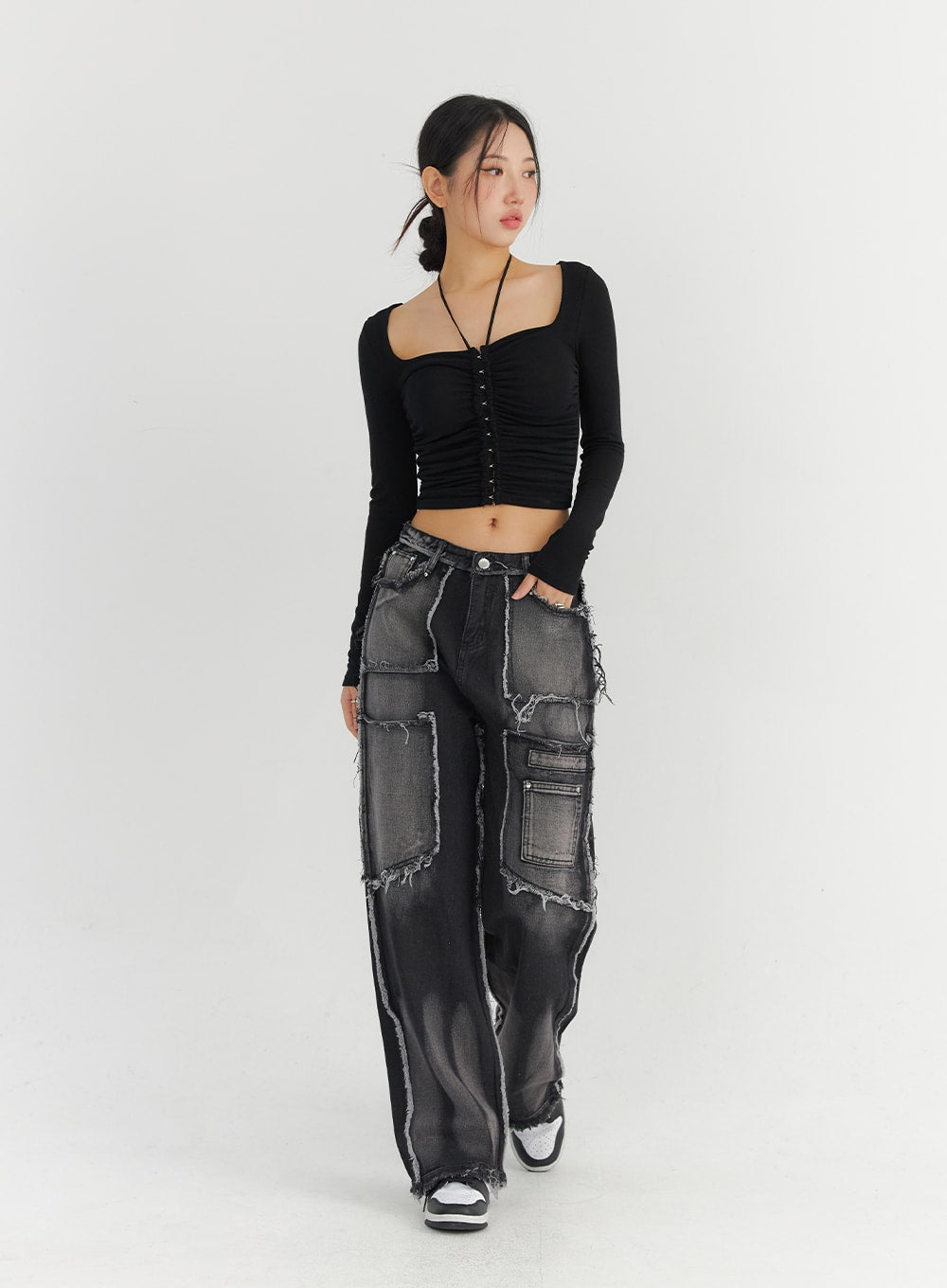 Patchwork Black Baggy Jeans Cargo Pants