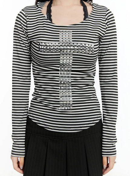 Striped Studded Long Sleeve Hoodie CM511