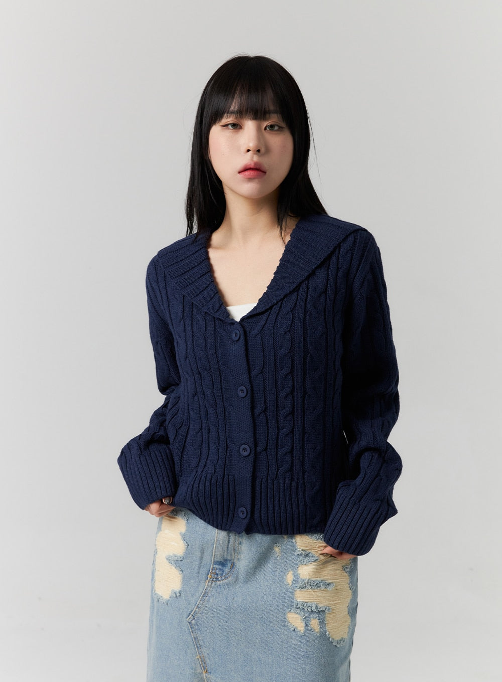 Cable Wide Collar Knit Cardigan CS314