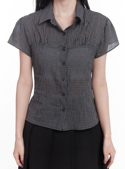 checkered-puff-button-blouse-top-cy526