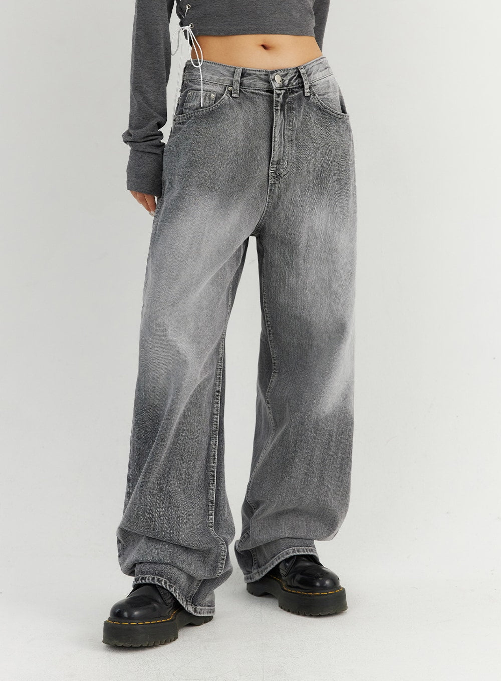 Grey Washed Wide Leg Jeans CO323 Korean Women's Fashion LEWKIN