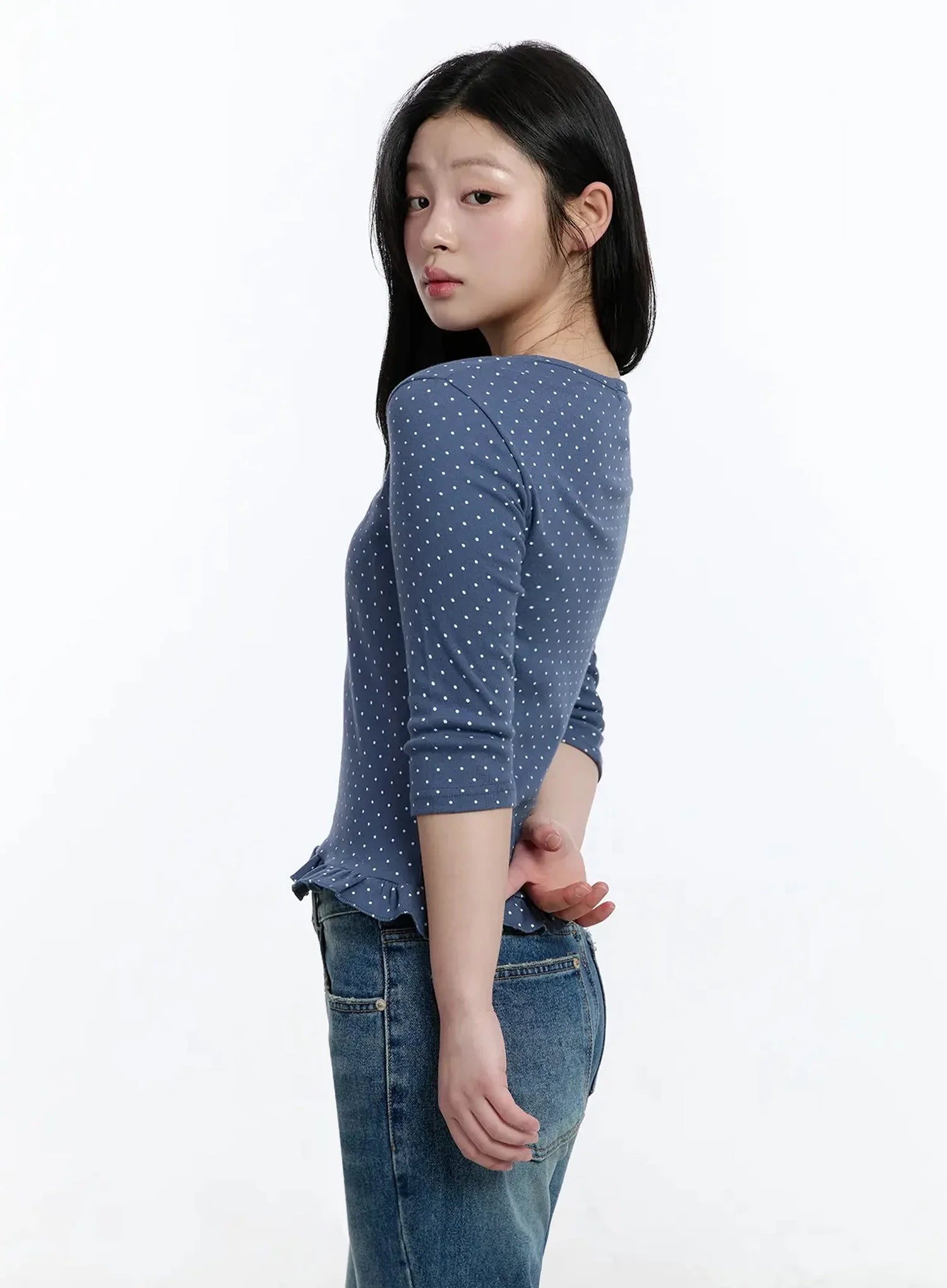 polka-dot-frill-hem-3-4-sleeve-top-im513