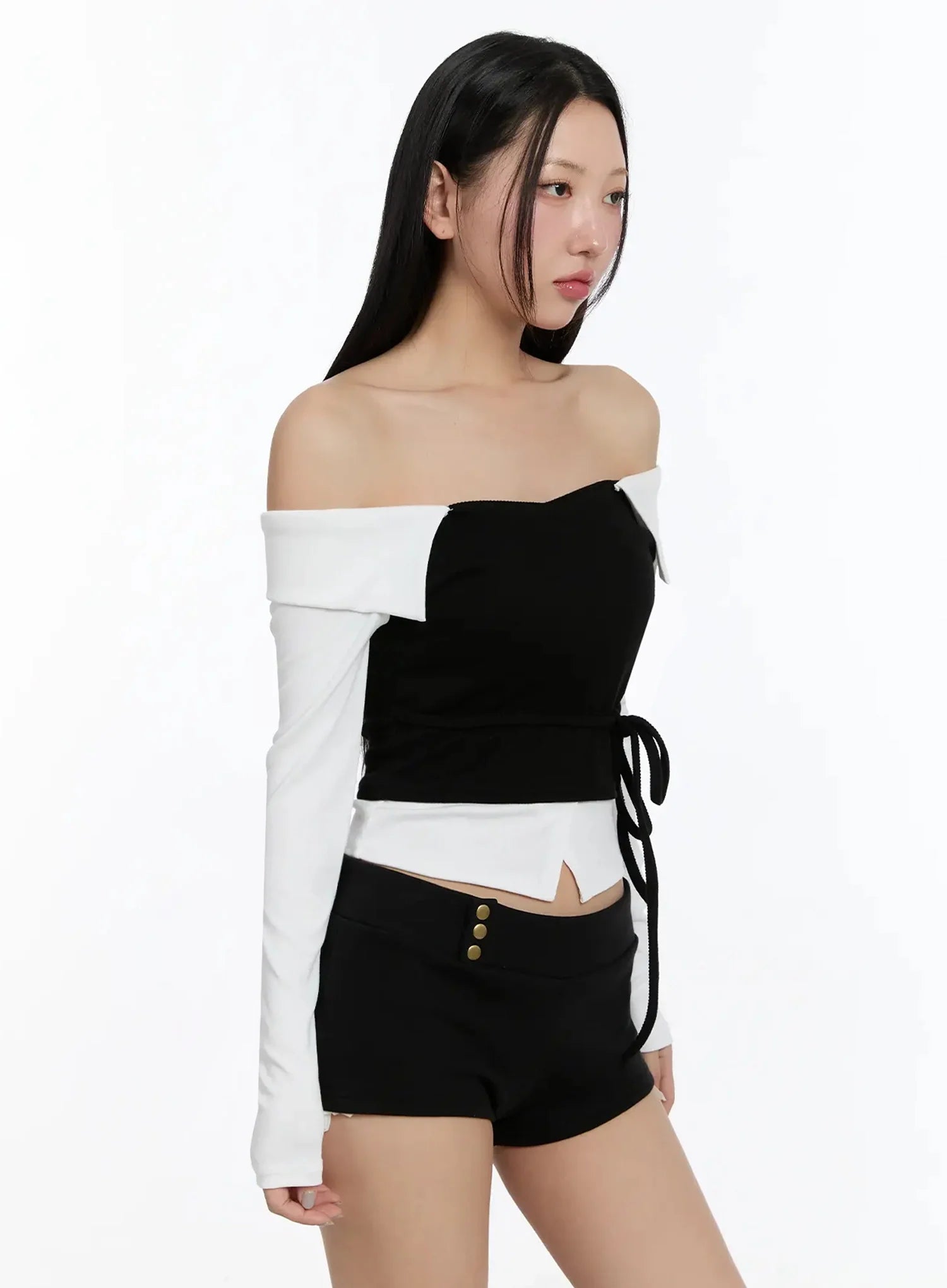 Ribbon-Tie Collared Off-Shoulder Top IM509